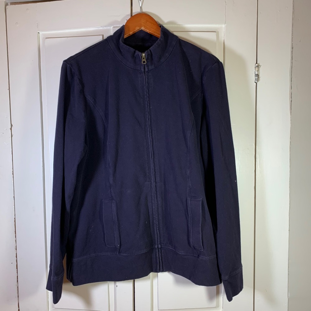 Lands' End Womens XL Navy Blue Full Zip Mock Neck Cotton Stretch Jacket 431606